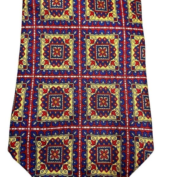 Men’s‎ Sisabang 100% Silk Neck Tie Yellow, Blue and Res - Picture 3 of 8
